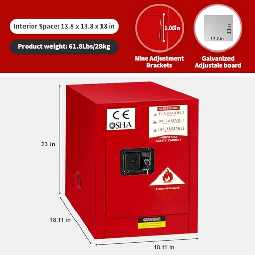 Image of WETOXL12 Gallon Flammable Cabinet 23H x 18W x 18.2D, Galvanized Steel Safety Storage Cabinet, Adjustable Shelf for Commercial Industrial Home Use (Red)