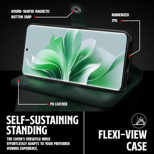 Image of WOW IMAGINE Shock Proof Flip Cover Back Case for Oppo Reno 11 Pro 5G (Magnetic Button Flip Case | Wallet Pockets & Stand | Leather Finish | Forest Green)