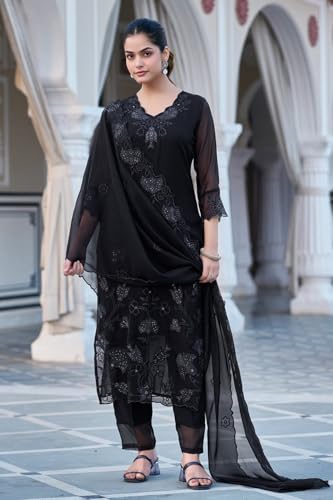 Ensemble kurta georgette brodée Yashika noir pour vos soirées