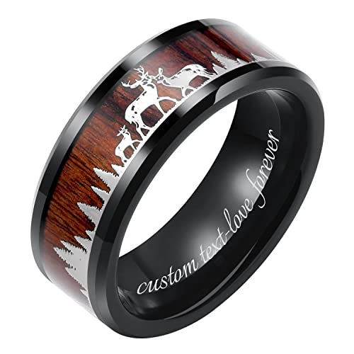 THREE KEYS JEWELRY Men Wedding Bands 8mm Tungsten Hunting Gold/Silver Viking Deer Forest Carbide Wood Ring with With Sandalwood Inlay Polished Infinity Unique for Him Black/Custom Ring Personalized Ring