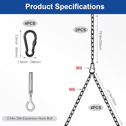 Heavy Duty Y Hanging Chain Kit (2 Pack), 8.8ft Length, 1400 lbs Load, Rustproof Galvanized Chain with M8 Quick Connect Ring & 304 Stainless Steel Hooks for Wooden & Concrete Beams(Black) by QLYYOPSK - Used condition - Image 2