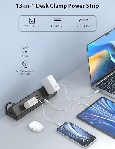 Image of Jgstkcity Desk Clamp Power Strip,Edge Mount,4 USB C,65W,1200J,Black | 4 USB-C Ports,Fit 1.96'' Tabletop,1875W Extension Cord,ETL Listed,Outlet Extender Desk Organizer,Office,Gaming,Dorm