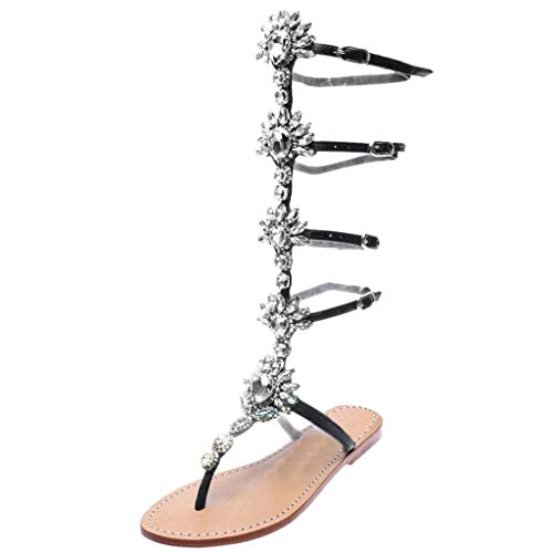 Haoricu Knee High Sandals Bohemian Rhinestones Wedding Dress Sandals Summer Rome Gladiator Flats(Black,5.5) #TOP3