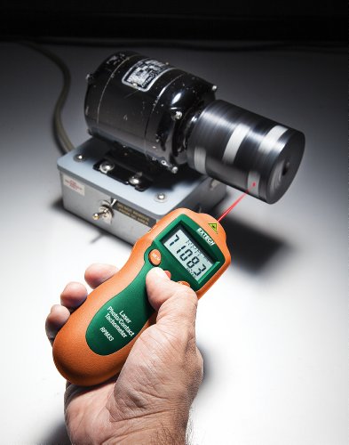 Image of Extech RPM33 Combination Contact /Laser Photo Tachometer - Digital Handheld Meter for RPM, Surface Speed, and Length - 2 to 99,999 RPM, 0.05% Accuracy, Backlit LCD Display, Memory, Case Included | Contact and non-contact laser RPM, surface speed and length, 0.05% accuracy, stores 10 sets, tape, case