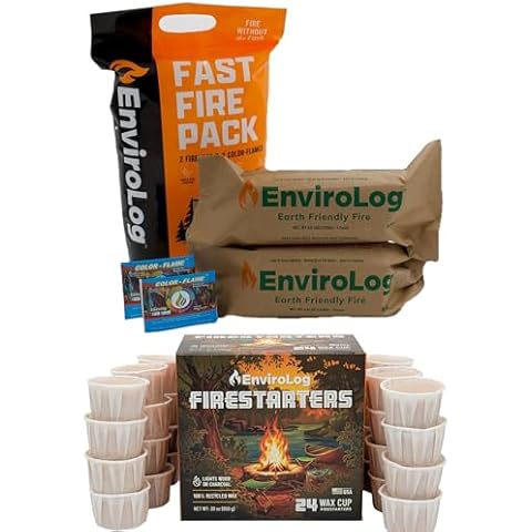 EnviroLog Fast Fire Pack & Firestarter Cups Bundle - Includes 24 Fire Starter Cups, 2 Fire Logs & 2 Color Flame Packets - for Indoor or Outdoor Fireplace, Fire Pit, Bonfire, and Camping - Safe and Sus Cover