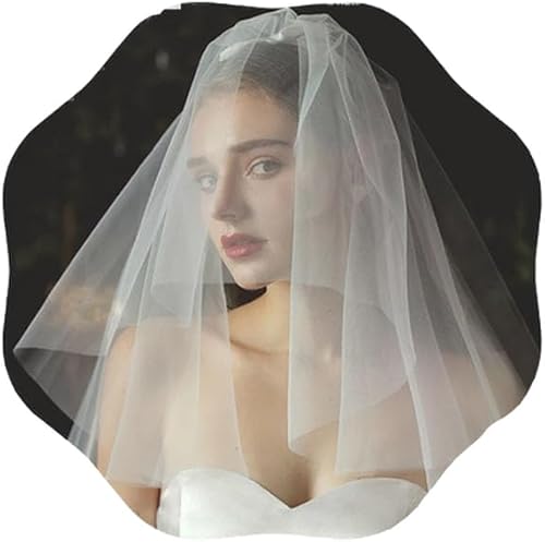CASOLVX Velo de novia corto para novia, velo de lazo blanco, velo de pelo blanco, velo de lazo elegante, velo de boda, accesorios de novia para