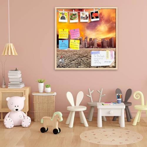 Image of ArtzFolio City Overlooking Desolate Desert | Bulletin Board Notice Pin Board | Vision Soft Board Combo with Thumb Push Pins & Sticky Notes | Natural Brown Frame | 24 x 24 inch (61 x 61 cms)