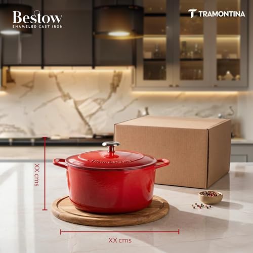 Image of TRAMONTINA Bestow Round Dutch Oven 3.3L with Lid | Enameled Cast Iron Casserole Pot & Biryani Pot | Even Heat Retention | Low Oil Healthy Cooking | No Seasoning Required | All Cooktops Compatible | Red