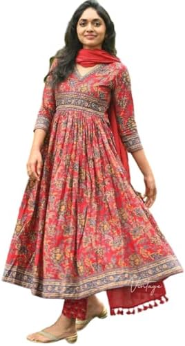Archy Creations Traditional Anarkali Kurta Set with Pants and Dupatta, Cotton, Red Floral Print, 3/4 Sleeve (US, Alpha, X-Large, Regular, Regular, RED)