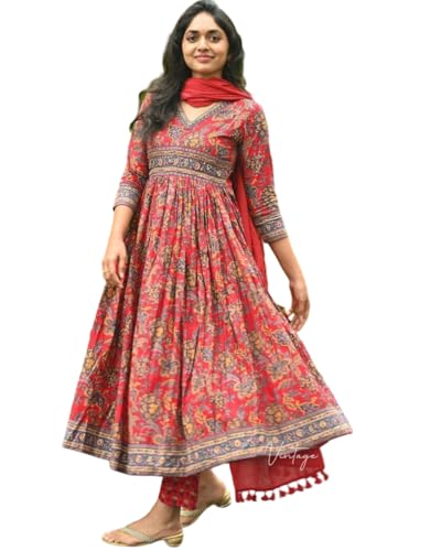 Archy Creations Traditional Anarkali Kurta Set with Pants and Dupatta, Cotton, Red Floral Print, 3/4 Sleeve (RED, 3XL)