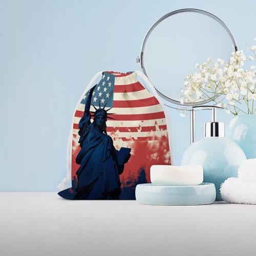 Flag with Silhouette of Lady Liberty Drawstring Storage Bag, Reusable & Stylish Jewelry Pouch, Small Canvas Storage Bag for Travel, Jewelry, Gift, 20 * 25cm4