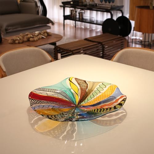 Ca D Oro Centerpiece Large Bowl Boho with Colored Canes Hand Blown Murano-Style Art Glass for Decor and Centerpieces - Center G