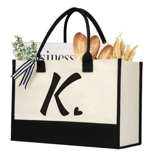 Initial Canvas Tote Bag, Personalized Beach Bags Gift for Women (Letter K)