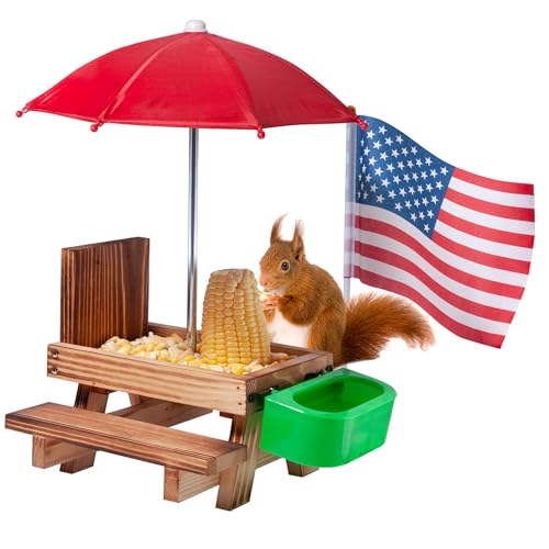 Squirrel Feeder Picnic Table with Water Bowl Squirrel Feeders for Outside with Umbrella Brown Squirrel Feeder with Corn Cob Holder Cute Chipmunk Feeder for Yard and Porch Decoration