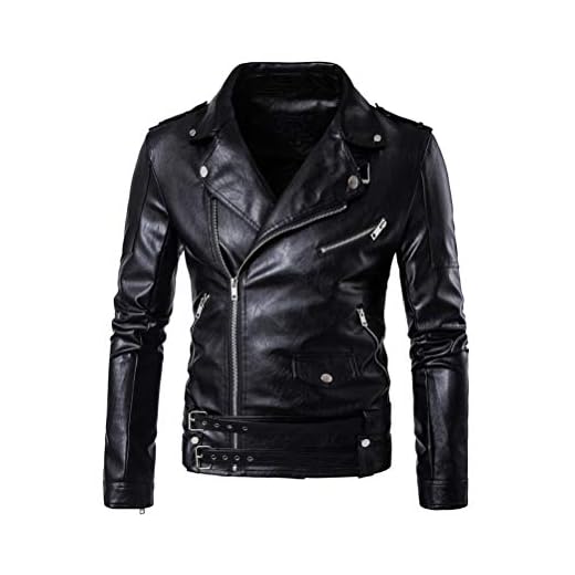 Jaqueta masculina de couro PU Lavnis casual com cinto de couro sintético jaqueta de motociclista com zíper, Preto, Small