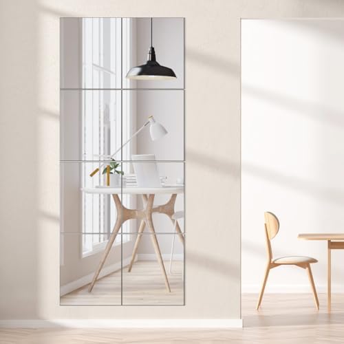 VASUHOME Glass Full Length Wall Mirror Tiles - [12 x10 Inch - 12PCS] HD Gym Mirrors for Home Gym, Full Body Long Mirror for Bedroom, Living Room, Door, Closet