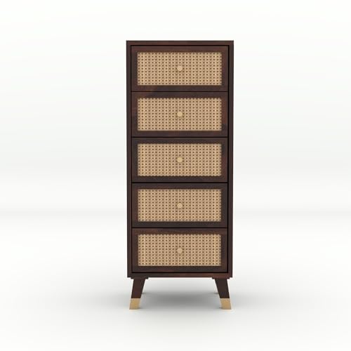 Image of Solid Sheesham Wood 5 Drawer Chest | Rosewood Chest of Drawers with Cane Front | Tall Storage Cabinet for Bedroom & Living Room (Walnut Finish)