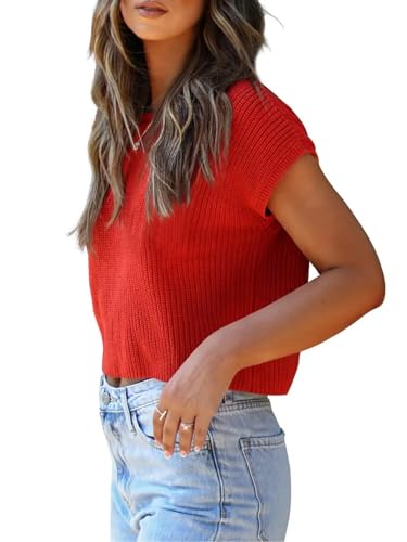 Image of LCXWFE Womens Summer Cropped Sweater Vest Trendy Cap Sleeve Crop Tops Crew Neck Loose Knit Tank Top