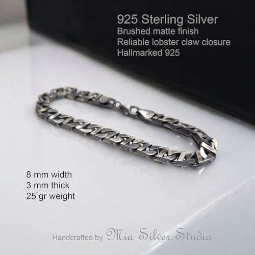 Trendy Cuban Link Bracelet for Men - Solid 925 Sterling Silver with Brushed Matte Finish - Chunky Heavy Bikers Vintage Black Curb Hand Chain Bracelets, Thick 8 mm - Mens Brutalist Jewelry - Handmade3