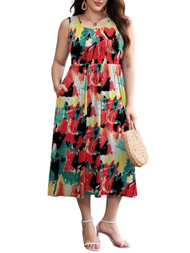 Image of LARACE Women's Plus Size Sleeveless Maxi Dress Casual Crew Neck Pleated Flowy Long Dresses with Pockets L-6XL