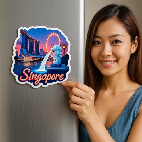 Image of Naxon Singapore Country Theme Souvenir Wooden Refrigerator Stylish Fridge Magnet - Travel Collectible Gift | Fridge Decoration Magnet for Kitchen & Home Decor | Size 3x3 Inches | Pack of 1