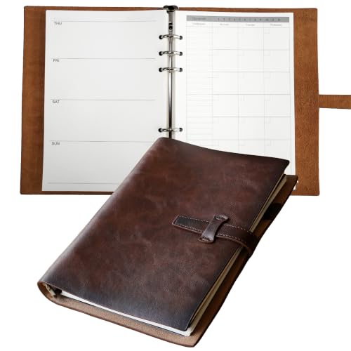 Refillable A5 Leather Binder Notebook Reusable Leather Journal Vintage Organizer with 6-Ring Metal Binder Weekly & Monthly Planner Paper & Pocket for Writers Business Work Study College and Daily