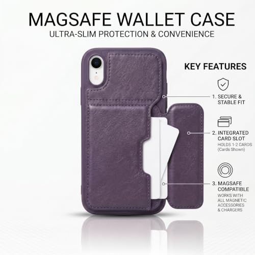 Image of amazon basics Luxury Vegan Leather Back Cover for iPhone XR | Built-in Card Holder Slot | Integrated Mobile Stand | Slim Shockproof Protective Case with Stitched Finish - Purple