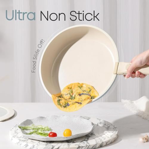 Image of House of Quirk Maifan Stone Nonstick Cookware Set 5-Piece | Detachable Handle Pots & Pans | Stackable, Induction & Oven Safe Kitchen Set (Granite Green)