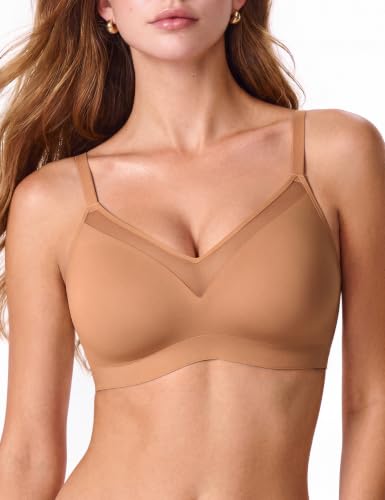 Lehoba Bras for Women No Underwire Supportive Bra Mesh Wireless Tshirt Bras Push Up Full Coverage Bralettes, Warm Sand Large - image 1