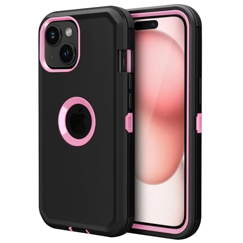 Jiunai for iPhone 15 Case, Heavy Duty Drop Protection Screenless Dual Layer Shockproof Rugged Tough Bumper Dust Proof Phone Case Compatible with iPhone 15 6.1 inches 2023 Released - Black-Pink