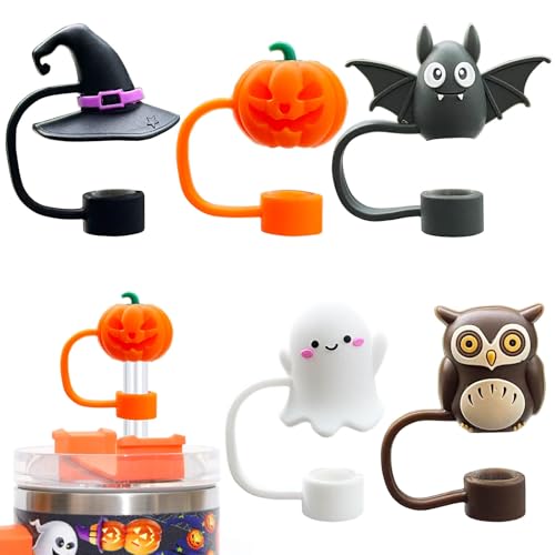5PCS Halloween Straw Cover Cap for Stanley Cup, Silicone Straw Topper for Stanley 30&40 Oz Tumbler with Handle, 10mm 0.4in Dust-Proof Reusable Straw Tips Lids for Halloween Gifts. (Color 1)