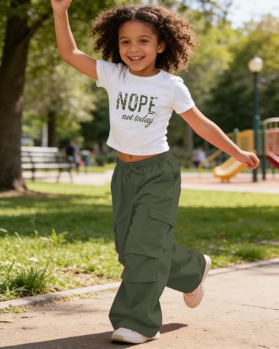 Image of Betusline Girls 2 Piece Outfits Short Sleeve Crop Top & Parachute Cargo Pants Set,4T-14 Years