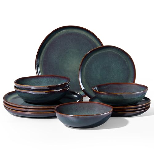 Homikit 12-Piece Dinner Set, Reactive Glaze Stoneware Dinnerware for 4 People, Irregular Shape Plates and Bowls, Non-Toxic & Scratch Resistant, Microwave and Dishwasher Safe - Blackish Green