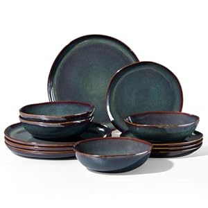 Homikit 12-Piece Dinner Set, Reactive Glaze Stoneware Dinnerware for 4 People, Irregular Shape Plates and Bowls, Non-Toxic & Scratch Resistant, Microwave and Dishwasher Safe – Blackish Green