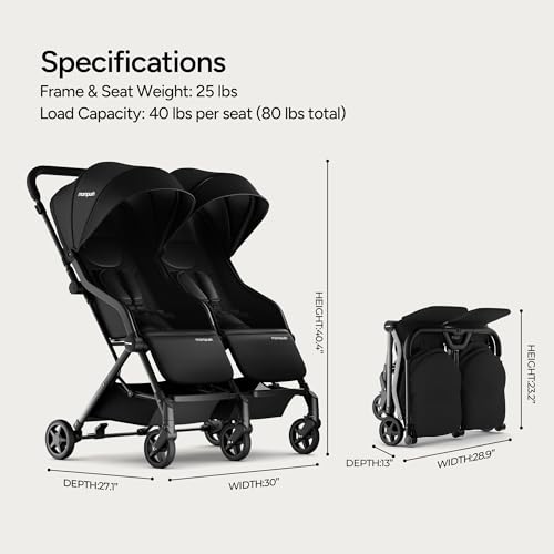 Mompush Lithe Double Stroller, Lightweight Side by Side Stroller for Newborn and Toddler, Easy Fold, Spacious Seats with Recline, UPF50+ Canopy