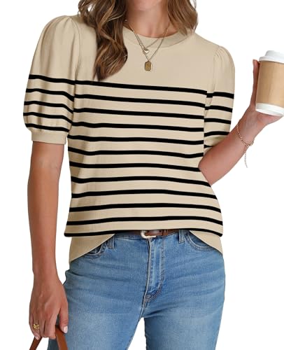 WIHOLL Womens Summer Tops Trendy Puff Short Sleeve Shirts Lightweight Knitted Blouses Spring Summer Business Casual Outfits Womens Clothes Dressy Casual Tshirts 2026 Sweaters Black Striped Shirts L