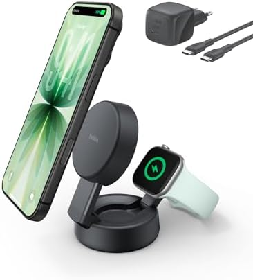 Belkin UltraCharge Pro 2-in-1 Qi2 Induktive Ladestation, 25W – Schwarz | Verstellbar, Qi2.2-zertifiziert, MagSafe Kompatibles Kabelloses Ladegerät für iPhone, Apple Watch, Ohrhörer