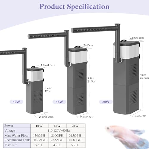 Image of 20W Large and Powerful Aquarium Filter, Adjustable Filter for 40-80Gal Fish Tank with Biochemical Sponges, Submersible Fish /Turtle Water Filters, Filtration /Oxygenation /Water Cycle 3in1 Filter