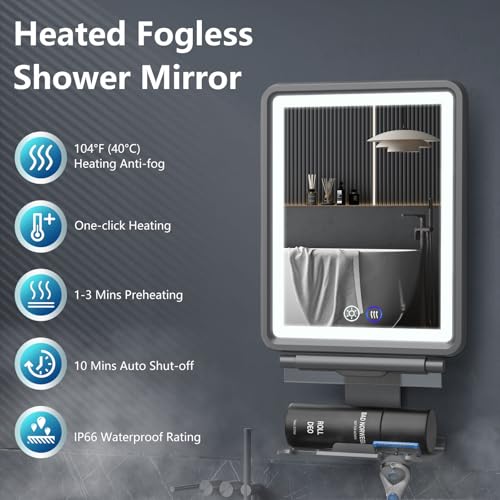 Image of Heated Shower Mirror Fogless for Shaving, Anti-Fog Mirror for Shower | 3 Colors Stepless Dimmable Lights, 5000mAh Rechargeable Battery with Razor Holder, No-Drilling, Light Memory Function