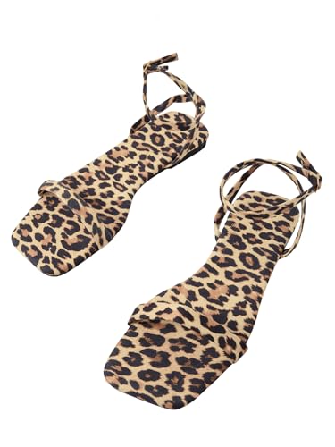 GORGLITTER Women's Cheetah Leopard Print Flat Sandals Ankle Strap Open Toe Dressy Slides Shoes