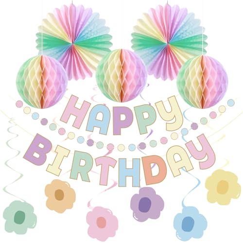 Pastel Birthday Decorations Macaron Pre-Strung Happy Birthday Banner Pastel Honeycomb Balls, Flower Swirls, Garland, Hanging Paper Fans Decoration for Birthday Easter Party