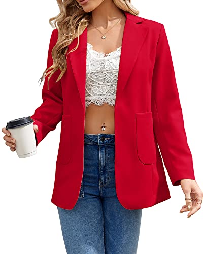 Cnkwei Womens Casual Blazers Open Front Long Sleeve Lapel Collar Work Office Jacket Red #TOP1