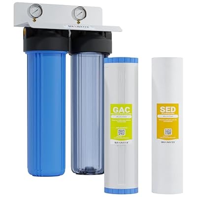20 in x 4.5 in BB Two Stage Clear Whole House Water Filter System,1" in/Out Port Double O Ring Housing w/Sediment GAC Carbon Filters + Pressure Gauge