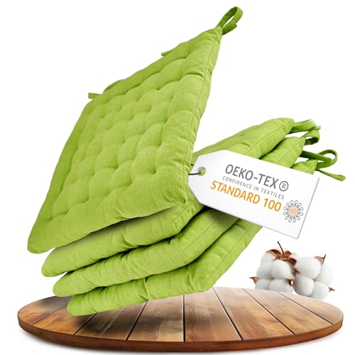 Gräfenstayn® 4er-Set Baumwoll-Sitzkissen 40x40x5cm mit Haltebändern für Indoor und Outdoor mit Öko-Tex Siegel - (Apfelgrün)
