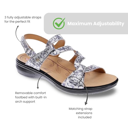 Image of Revere Emerald 3 Women's Sandals - Premium Soft Leather, Adjustable Straps & Contoured Footbed - Orthotic Arch Support for Stylish Comfort & All-Day Wear Silver Safari 7-7.5 M US