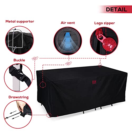 Turtle Life Patio Furniture Set Cover, Rectangular Durable Water Resistant Outdoor Uv Resistant Anti-Fading Dining Table Chairs Cover With Metal Support And Upgrade Air Vent, Black,128"L X 82"W X 29"H #TOP4