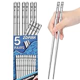 Stainless Steel Chopsticks - 5 Pairs Reusable Metal Chopsticks Dishwasher Safe, Japanese Chinese korean Chop sticks Set,Non-Slip Stainless Chop sticks, Silver Metal Chop sticks for Adults