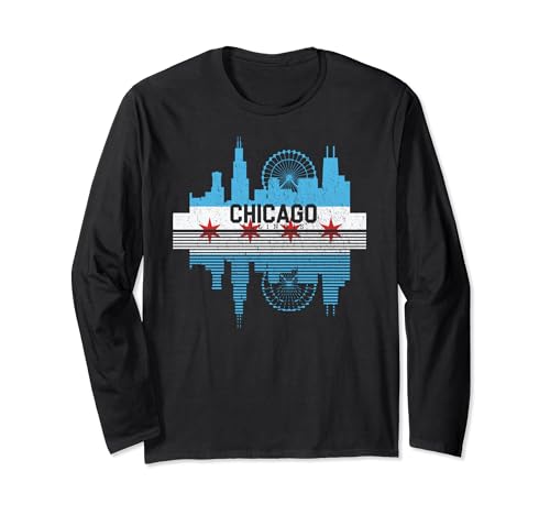 Maglietta con bandiera di Chicago, stile vintage, con skyline dell'Illinois, da uomo e da Maglia a Manica