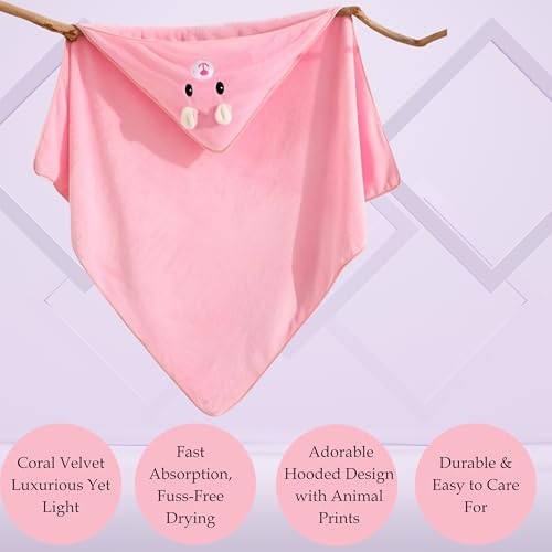 Image of Ultra-Soft Baby Hooded Towel - Coral Velvet Wrap Your Little One in Softness and Joy, Hypoallergenic & Super Absorbent Bath Wrap for Newborns & Toddlers | Cute Animal Design (0-5 Years)(Pink)