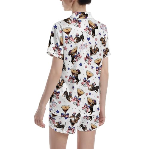Image of Funny Satin Pajamas Set for Women Button Down Sleepwear Print Pjs Set 2 Piece Short Sleeve Loungewear Gift for Women